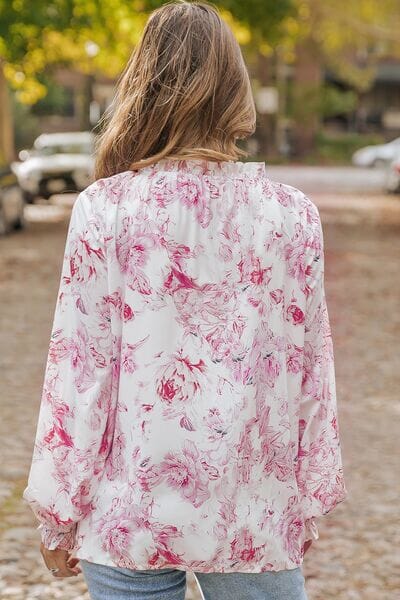 Floral Tie Neck Flounce Sleeve Blouse - Sydney So Sweet