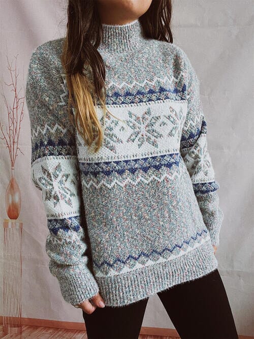 Geometric Mock Neck Dropped Shoulder Sweater - Sydney So Sweet