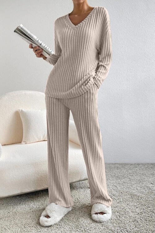 Ribbed V-Neck Top and Pants Set - Sydney So Sweet