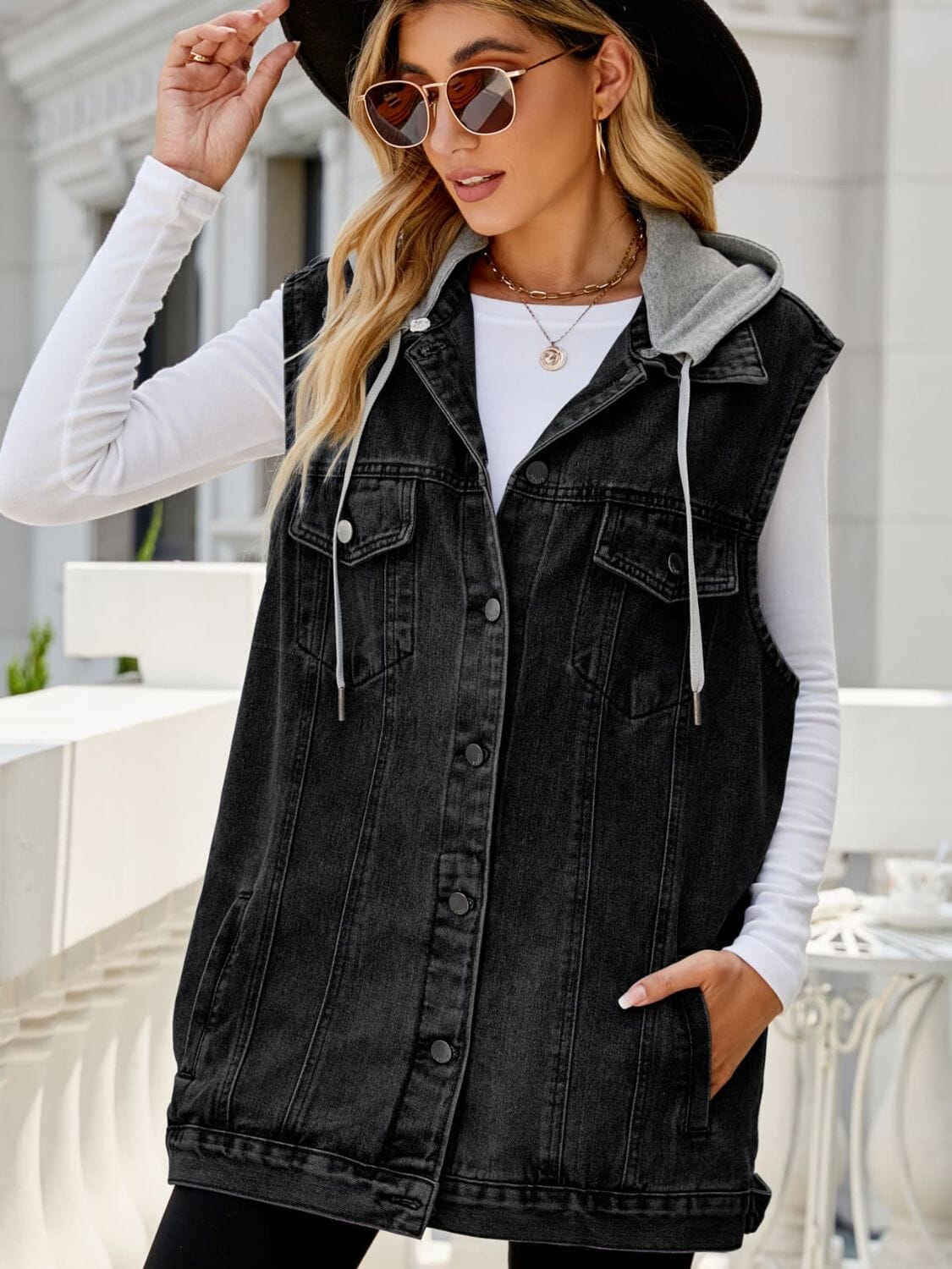 Drawstring Hooded Sleeveless Denim Top with Pockets - Sydney So Sweet