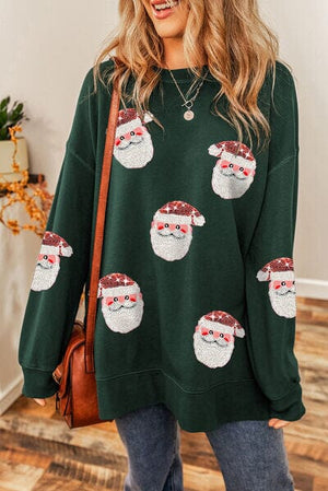 Sequin Santa Round Neck Long Sleeve Sweatshirt - Sydney So Sweet