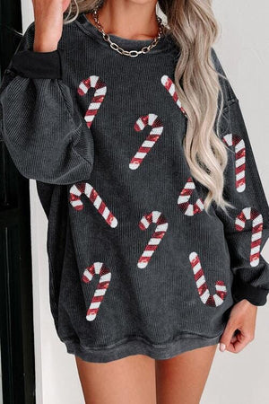 Sequin Candy Cane Round Neck Sweatshirt - Sydney So Sweet