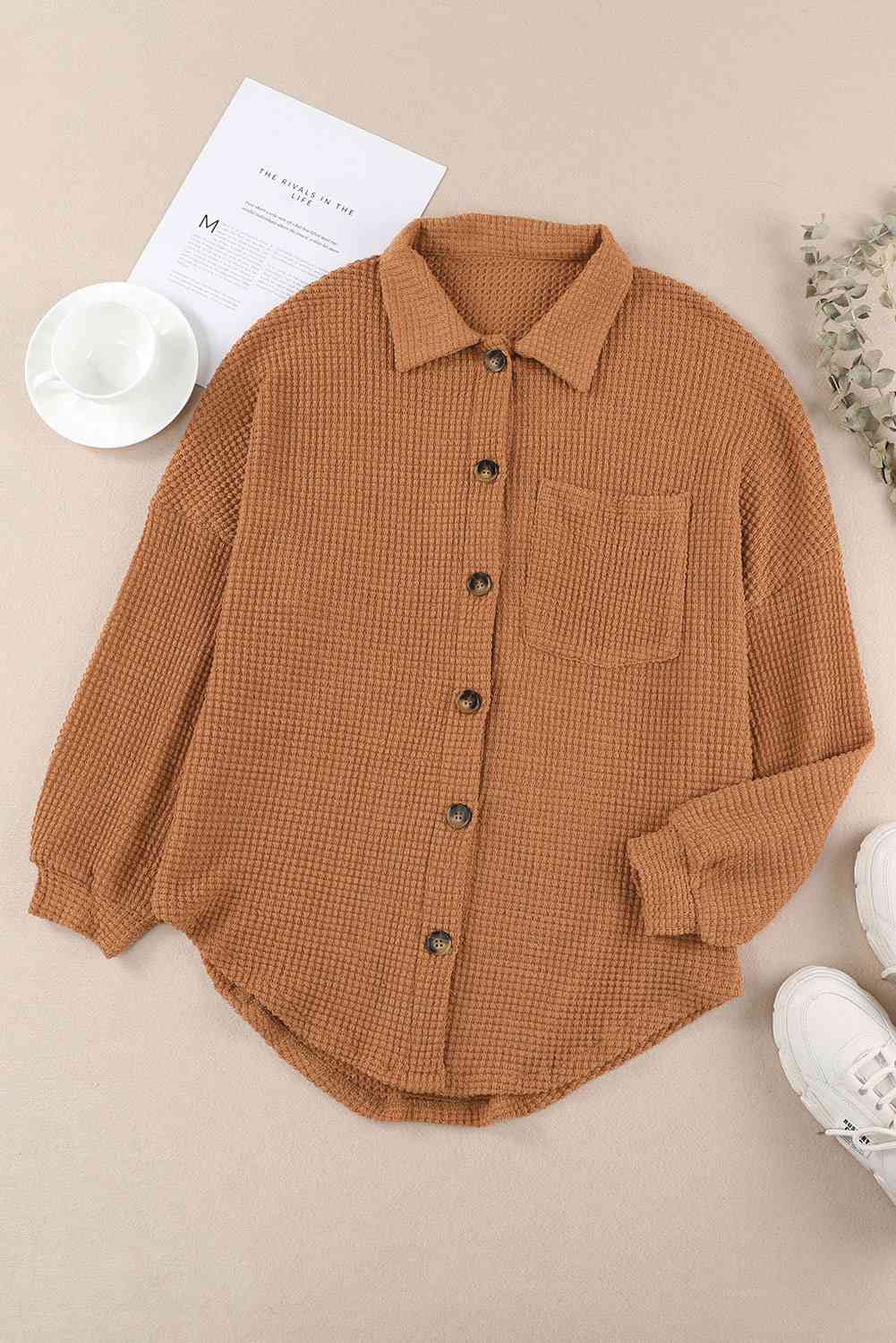 Waffle-Knit Button Up Long Sleeve Shirt with Pocket - Sydney So Sweet