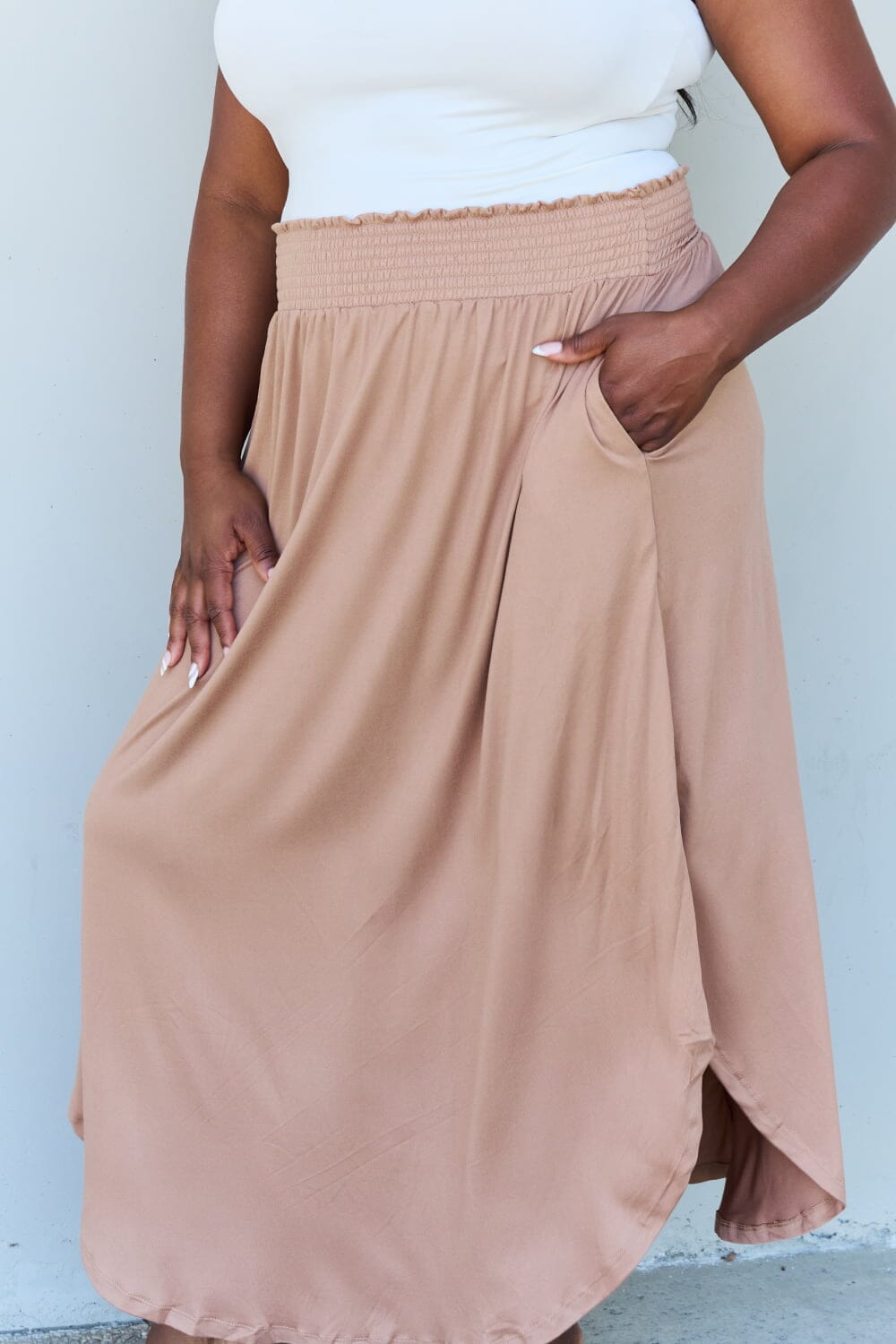 Full Size High Waist Scoop Hem Maxi Skirt in Tan - Sydney So Sweet