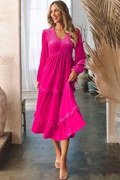 Frill V-Neck Balloon Sleeve Tiered Dress - Sydney So Sweet