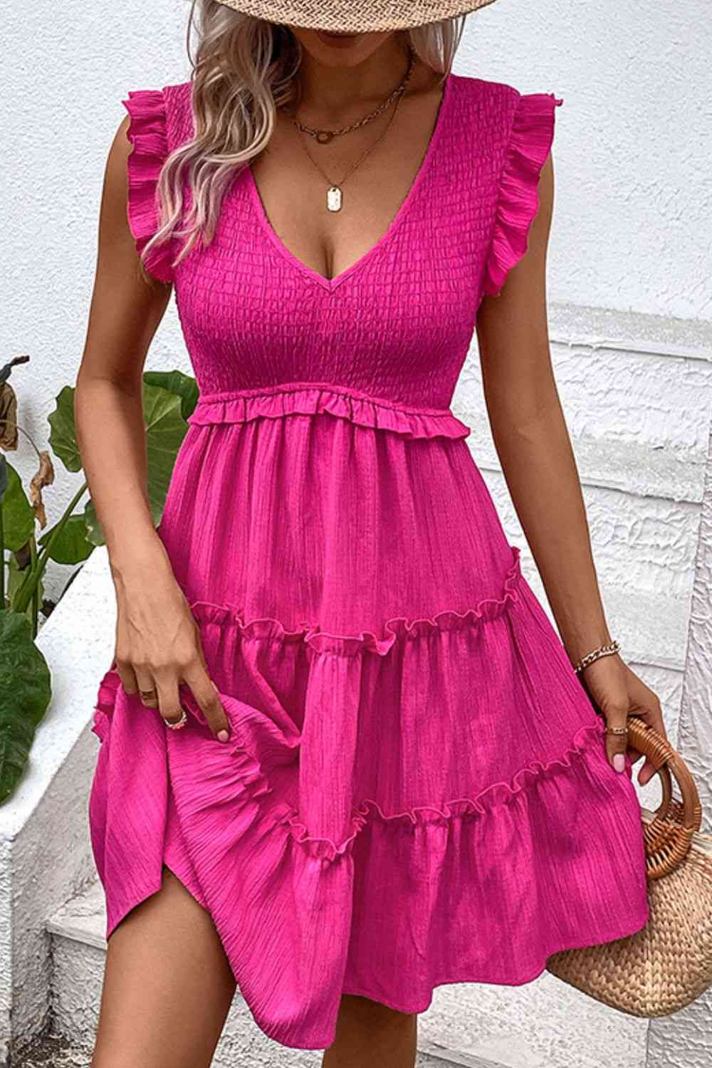 Smocked Frill Trim Deep V Dress - Sydney So Sweet