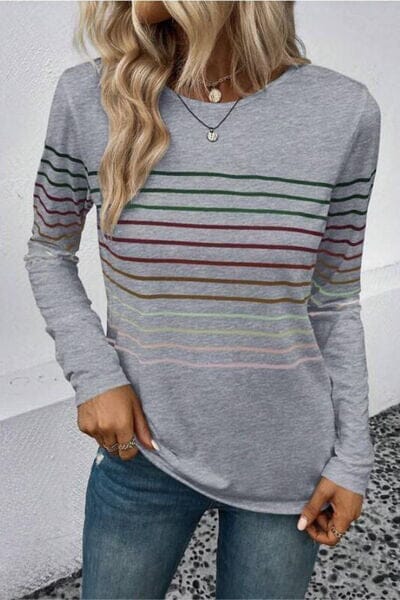 Striped Round Neck Long Sleeve Top - Sydney So Sweet