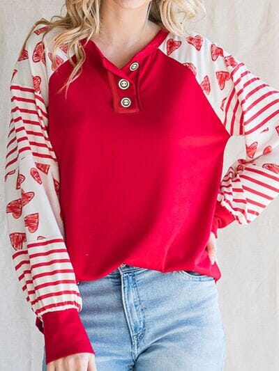 Heart Striped Quarter Button Long Sleeve T-Shirt - Sydney So Sweet