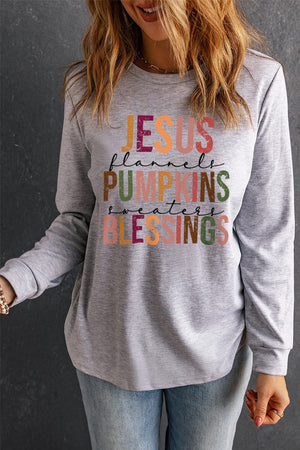 Jesus, Pumpkins, and Blessings Fall Graphic Long Sleeve Tee - Sydney So Sweet