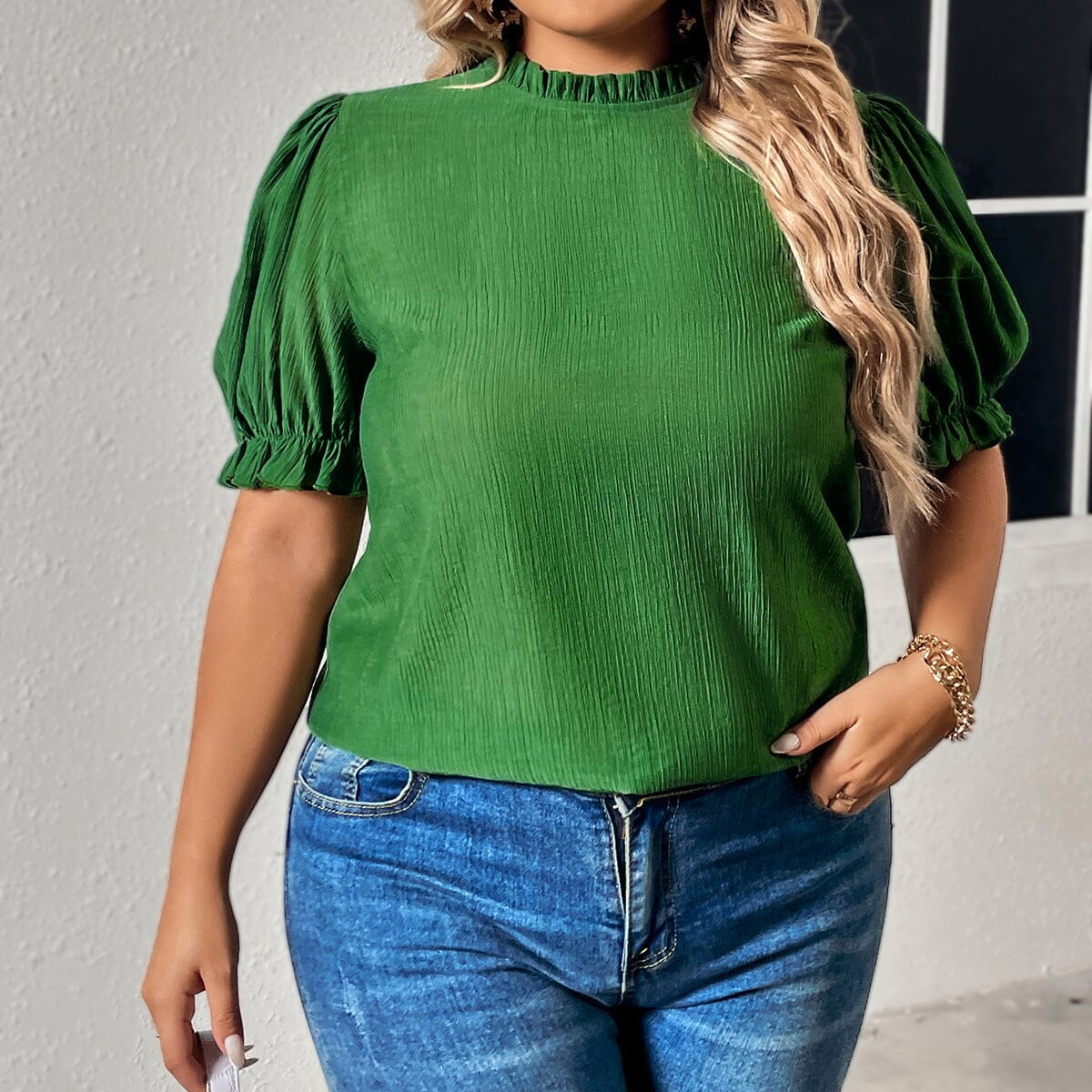 Plus Size Round Neck Flounce Sleeve Blouse - Sydney So Sweet