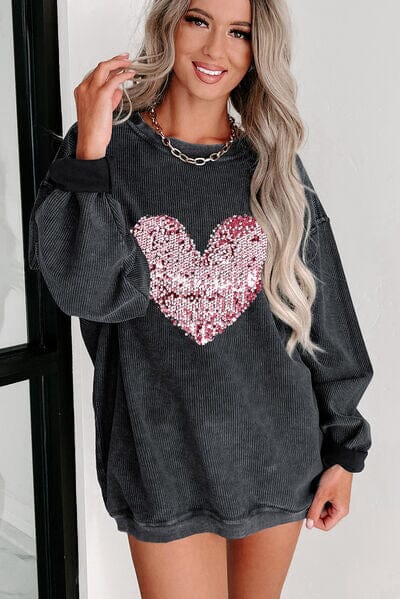 Heart Sequin Round Neck Sweatshirt - Sydney So Sweet