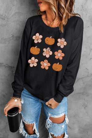 Round Neck Long Sleeve Pumpkin & Flower Graphic Sweatshirt - Sydney So Sweet