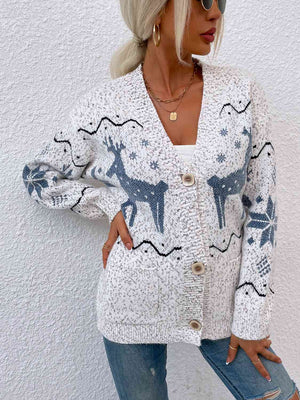 Reindeer Button Down Cardigan with Pockets - Sydney So Sweet