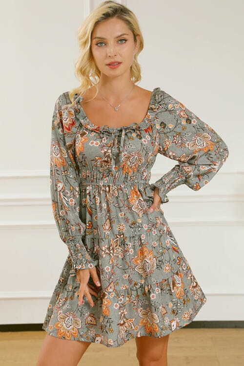 Printed Smocked Lantern Sleeve Tiered Dress - Sydney So Sweet