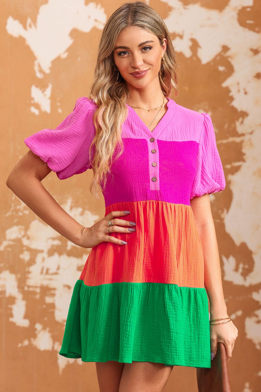 Color Block Buttoned Puff Sleeve Dress - Sydney So Sweet