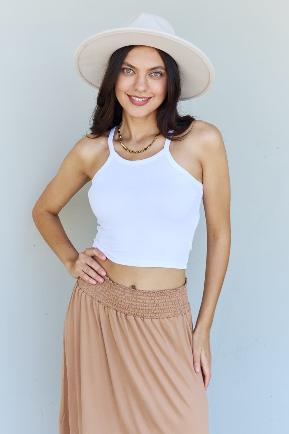 Full Size High Waist Scoop Hem Maxi Skirt in Tan - Sydney So Sweet