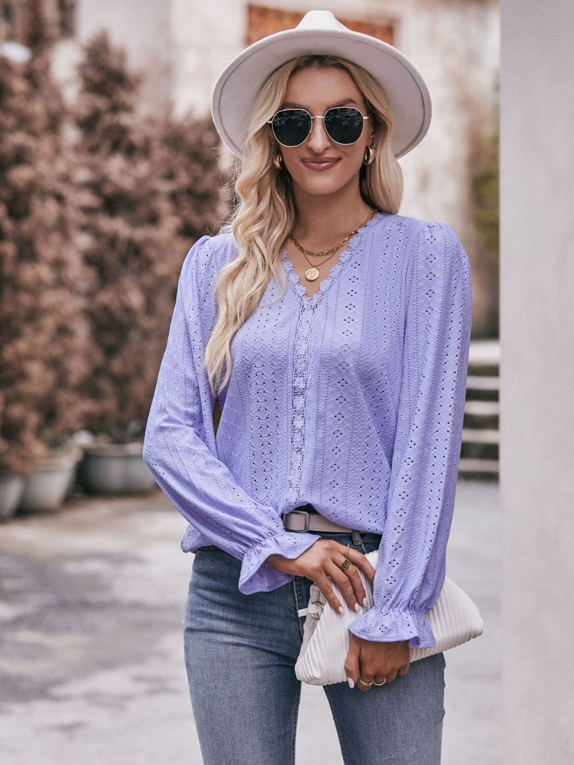 Eyelet V-Neck Flounce Sleeve Blouse - Sydney So Sweet