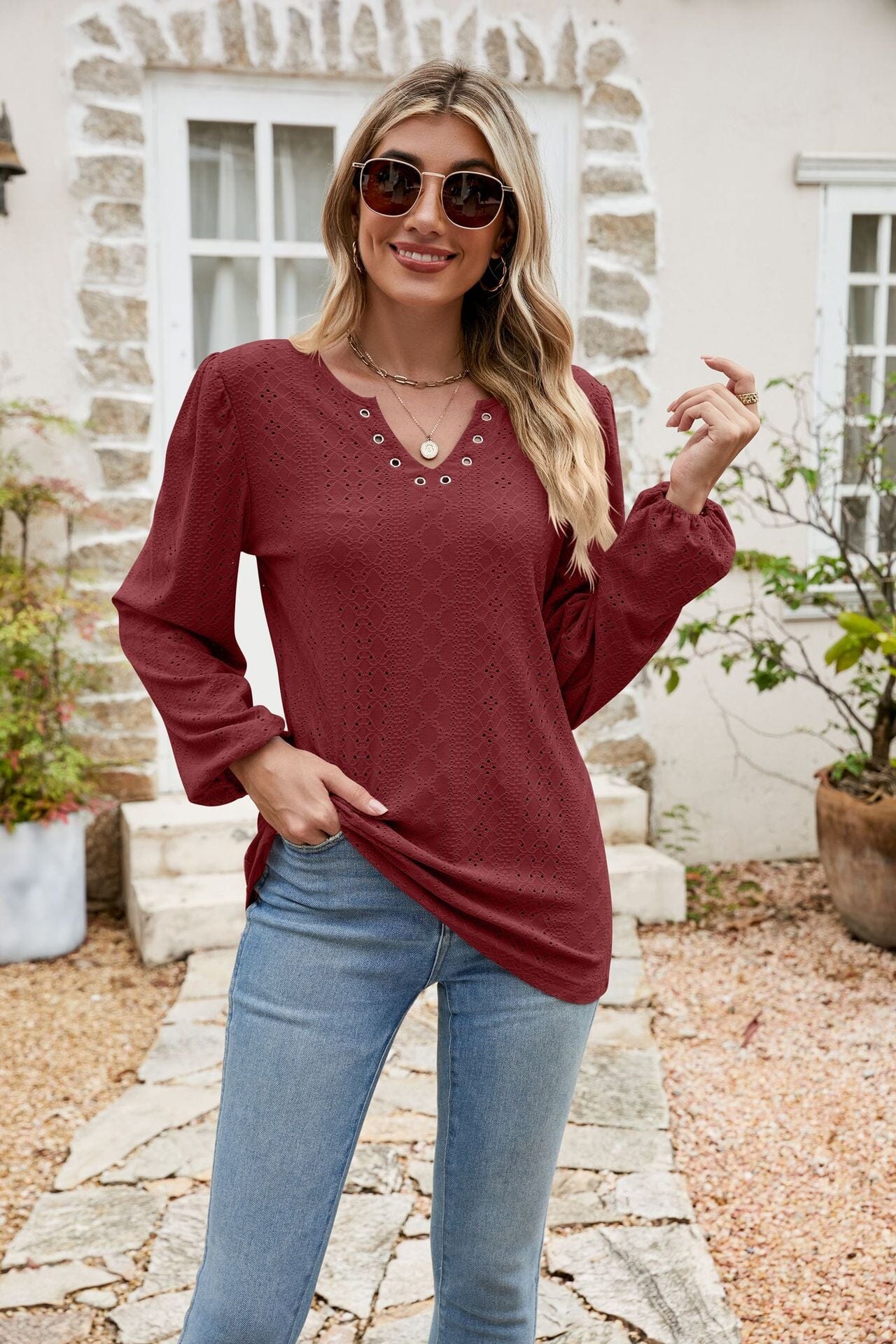 Eyelet Notched Neck Balloon Sleeve Blouse - Sydney So Sweet