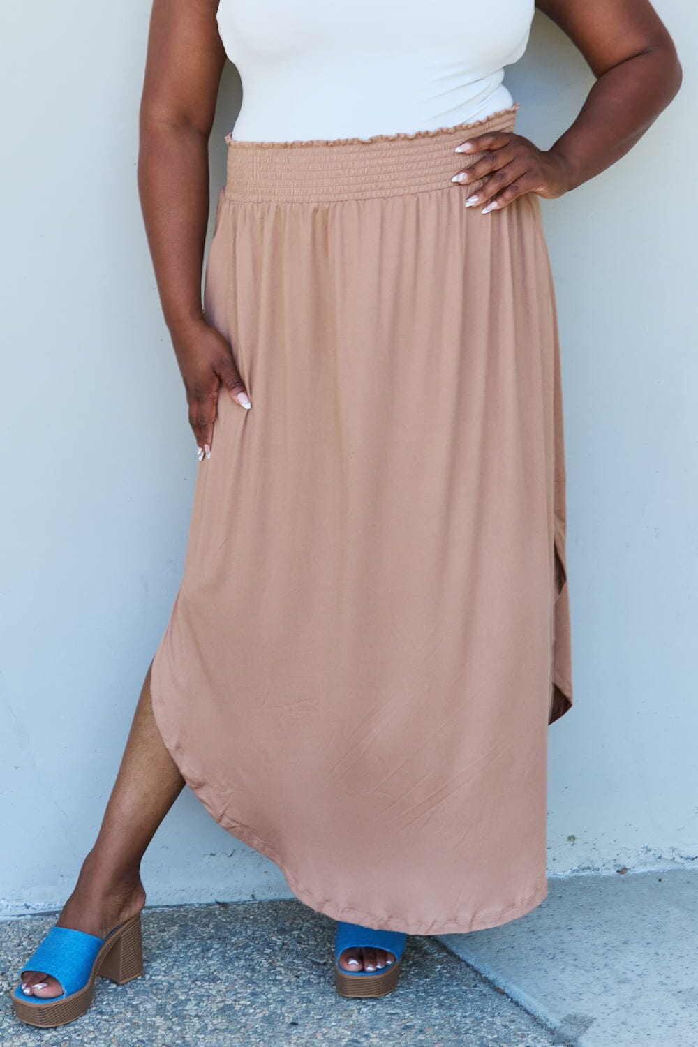 Full Size High Waist Scoop Hem Maxi Skirt in Tan - Sydney So Sweet