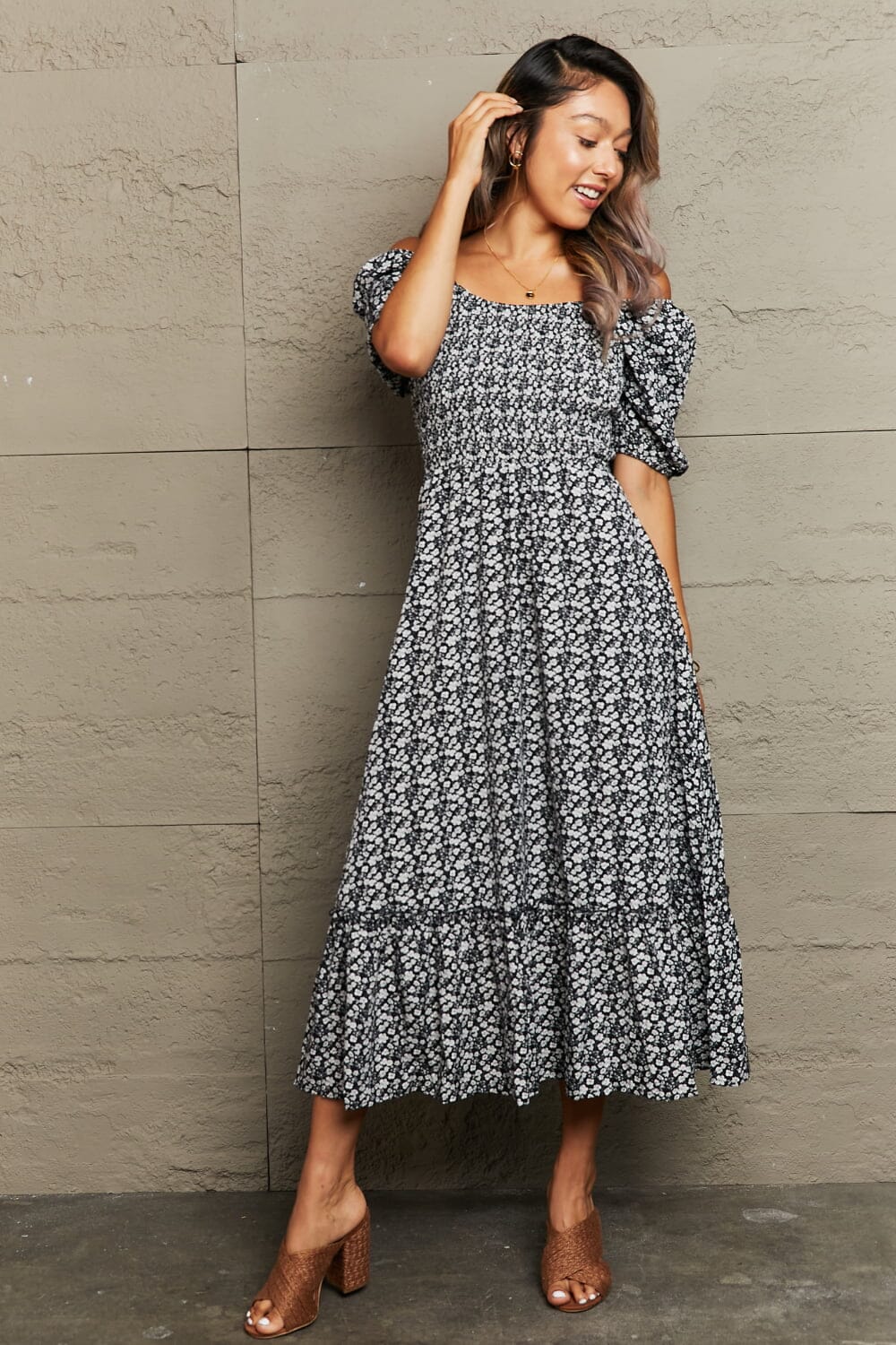 Floral Lace-Up Off-Shoulder Midi Dress - Sydney So Sweet