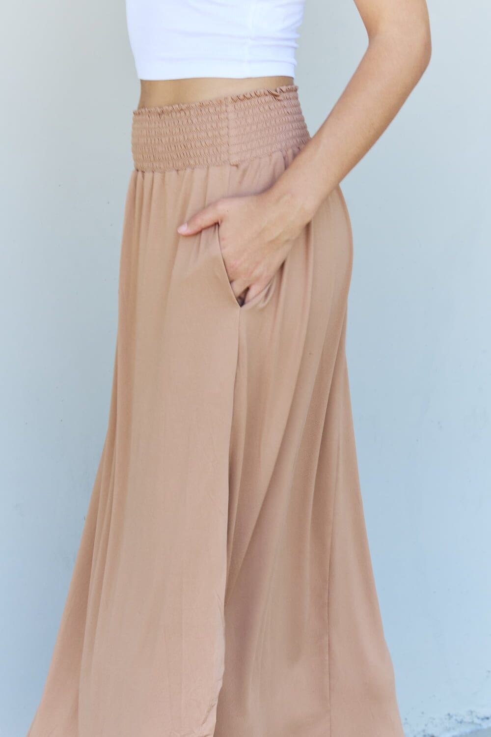 Full Size High Waist Scoop Hem Maxi Skirt in Tan - Sydney So Sweet