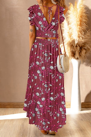 Printed Tie Back Cropped Top and Maxi Skirt Set - Sydney So Sweet