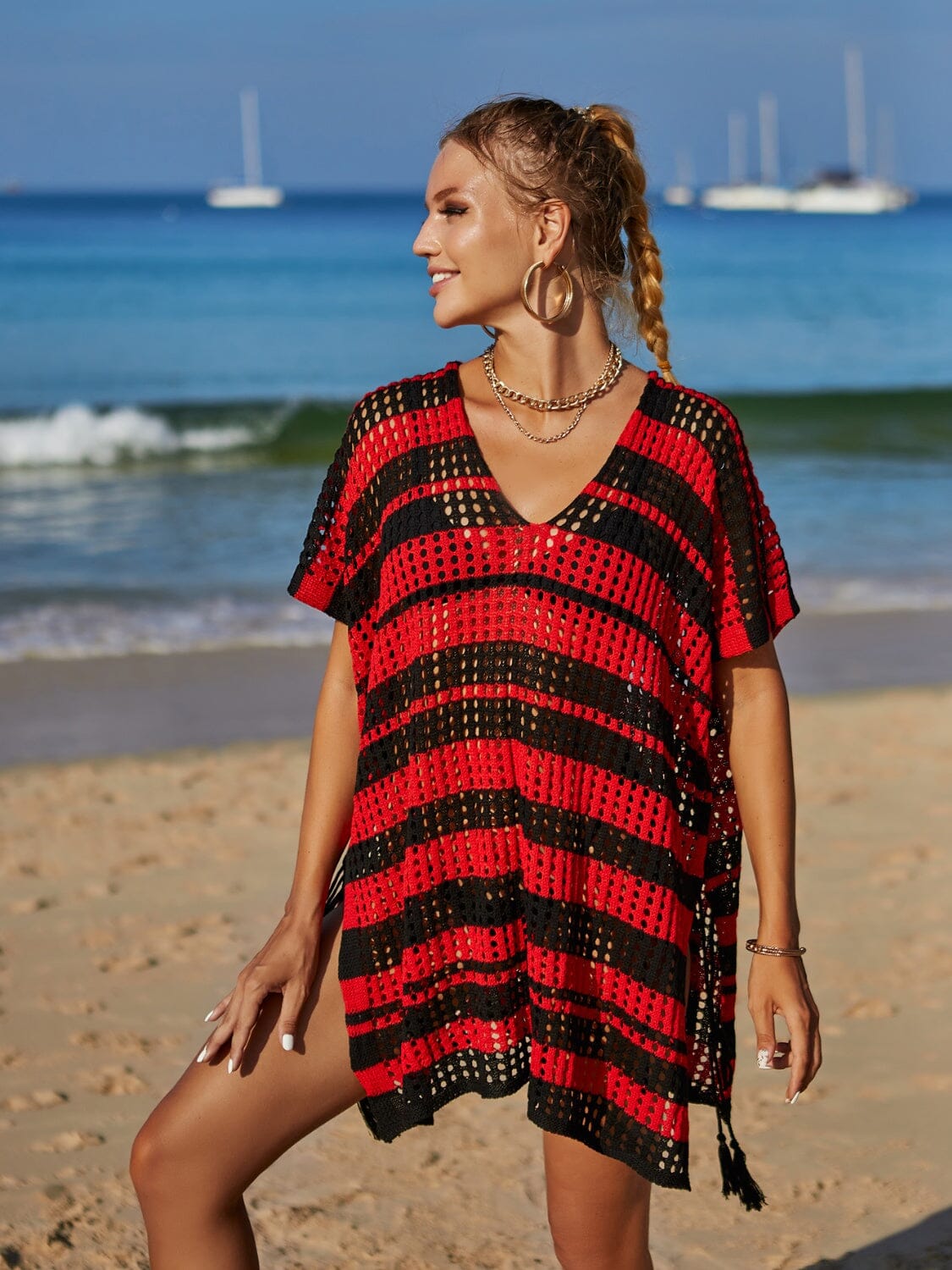 Tassel Openwork Striped V-Neck Cover Up - Sydney So Sweet