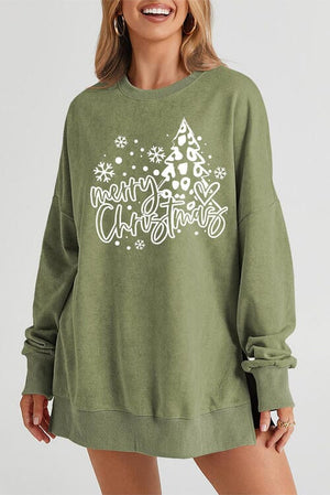 MERRY CHRISTMAS Round Neck Long Sleeve Slit Sweatshirt - Sydney So Sweet