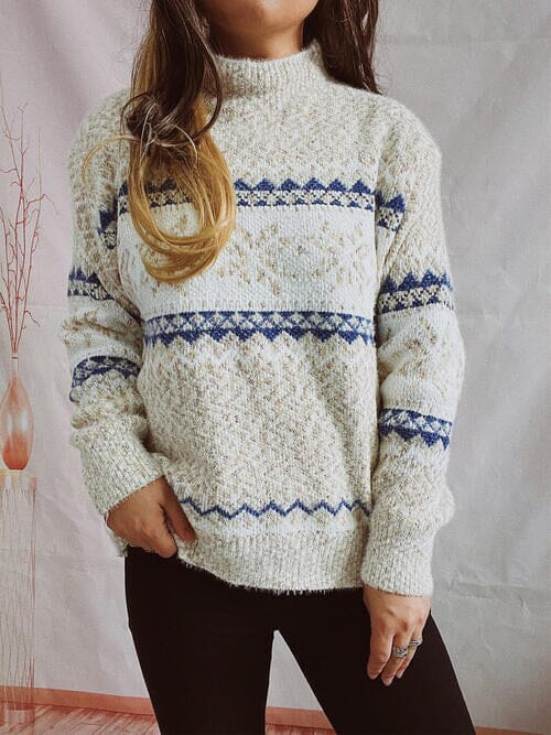 Geometric Mock Neck Dropped Shoulder Sweater - Sydney So Sweet