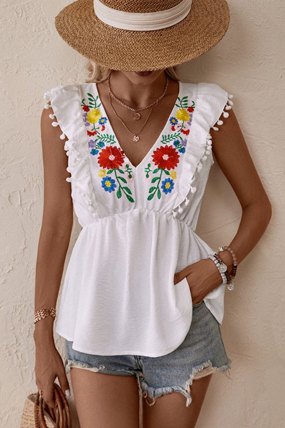 Embroidered Pom-Pom Trim Cap Sleeve Babydoll Top - Sydney So Sweet