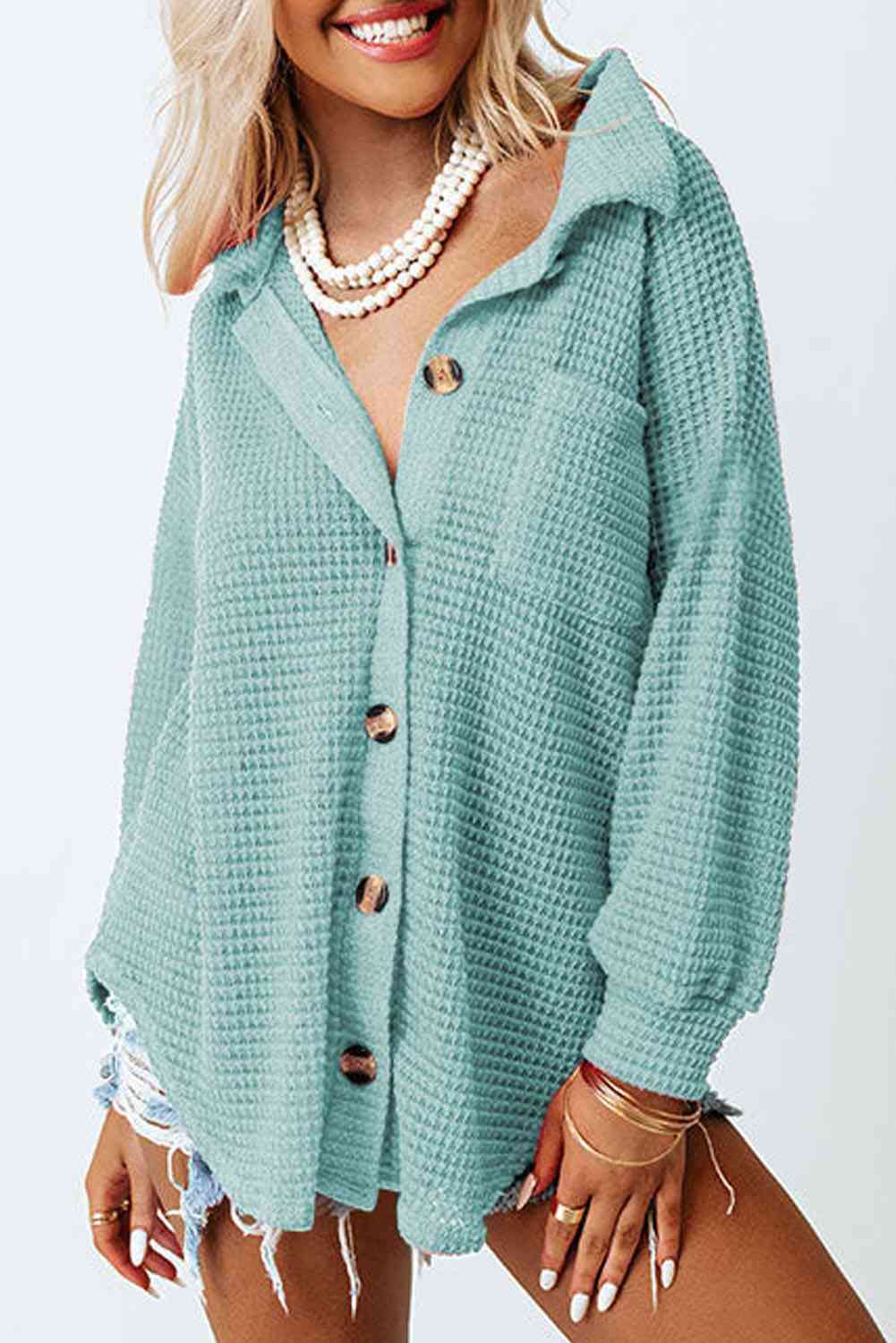 Waffle-Knit Button Up Long Sleeve Shirt with Pocket - Sydney So Sweet