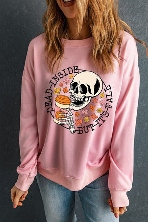 Skull Dead Inside Fall Graphic Dropped Shoulder Sweatshirt - Sydney So Sweet