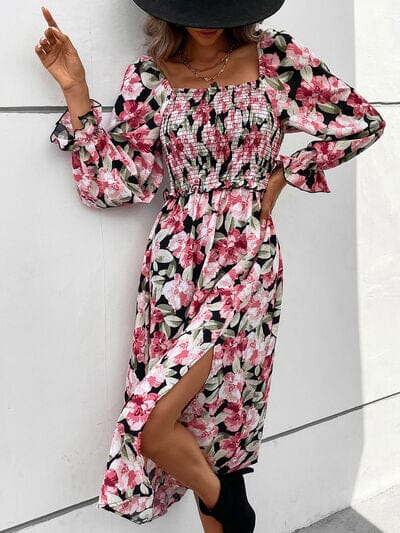 Slit Smocked Floral Flounce Sleeve Dress - Sydney So Sweet