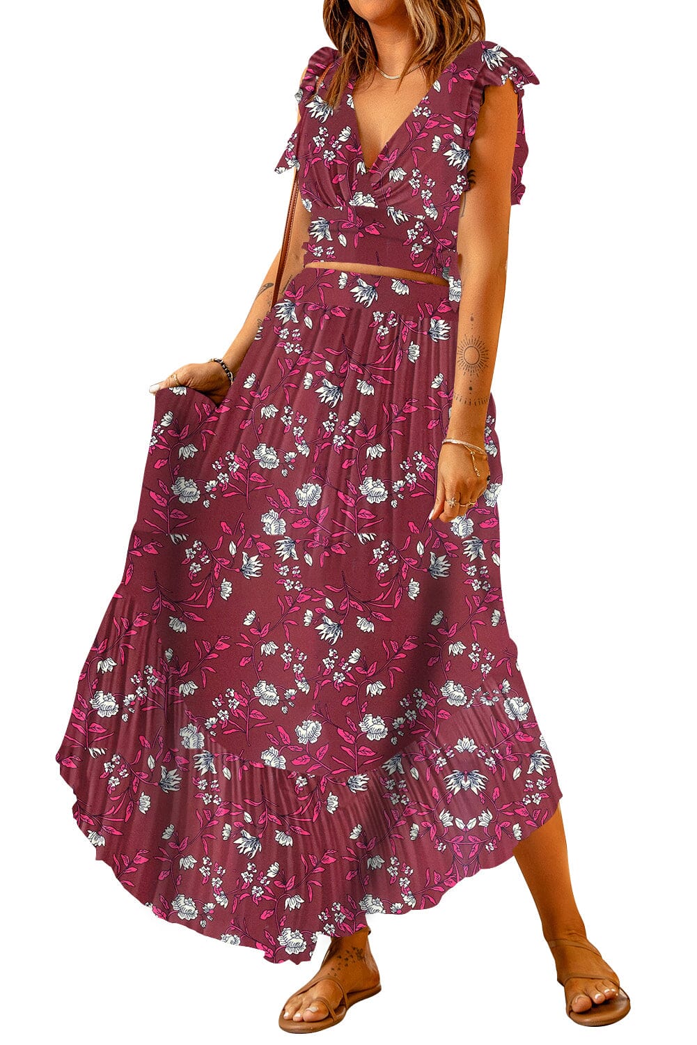 Printed Tie Back Cropped Top and Maxi Skirt Set - Sydney So Sweet