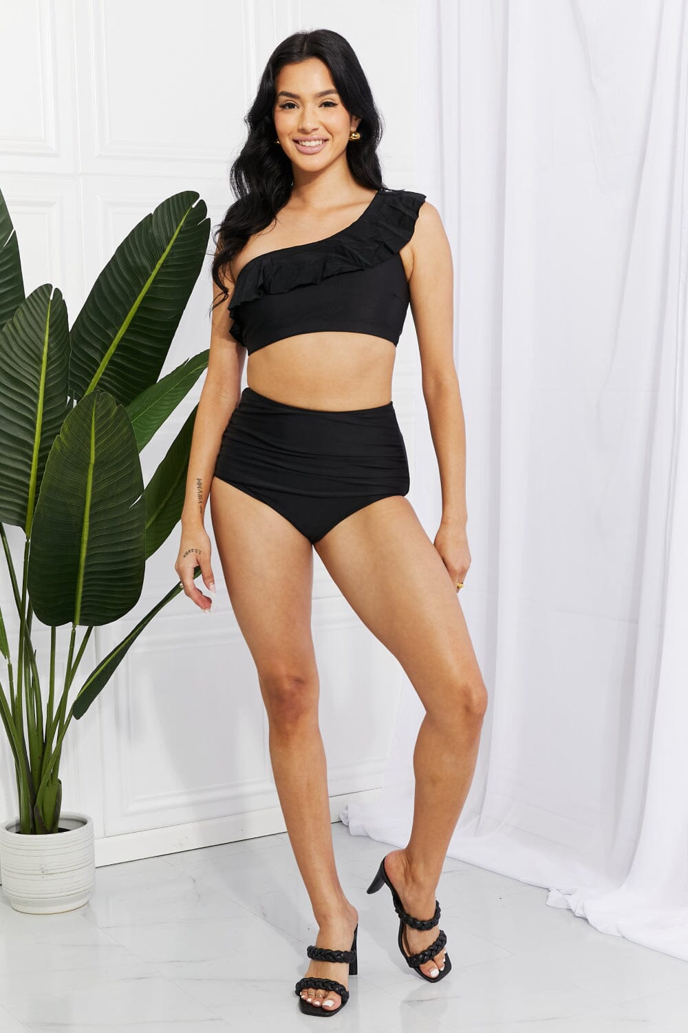 Marina West Swim Seaside Romance Ruffle One-Shoulder Bikini in Black - Sydney So Sweet