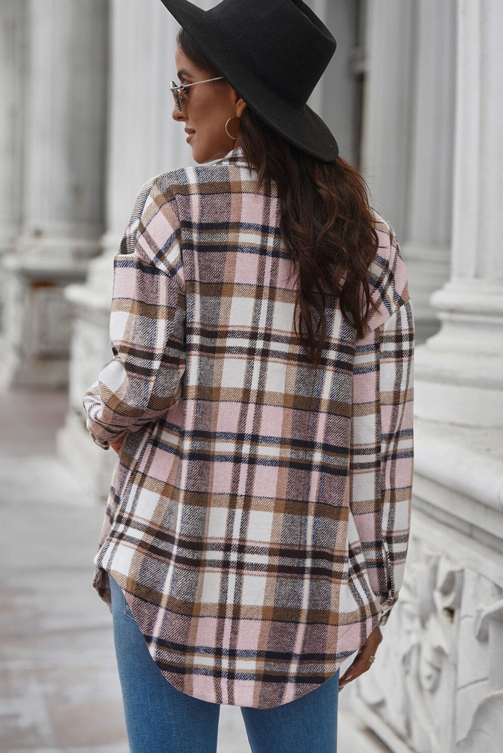 Plaid Curved Hem Dropped Shoulder Longline Shirt Jacket - Sydney So Sweet