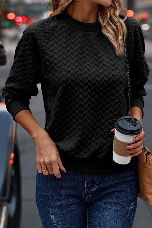 Texture Round Neck Long Sleeve Sweatshirt - Sydney So Sweet