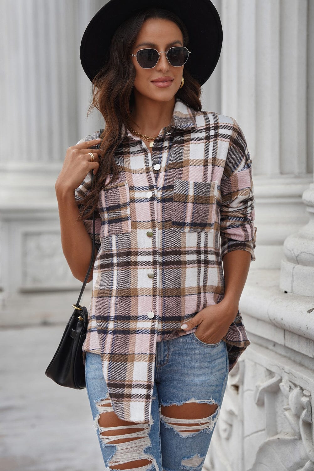 Plaid Curved Hem Dropped Shoulder Longline Shirt Jacket - Sydney So Sweet