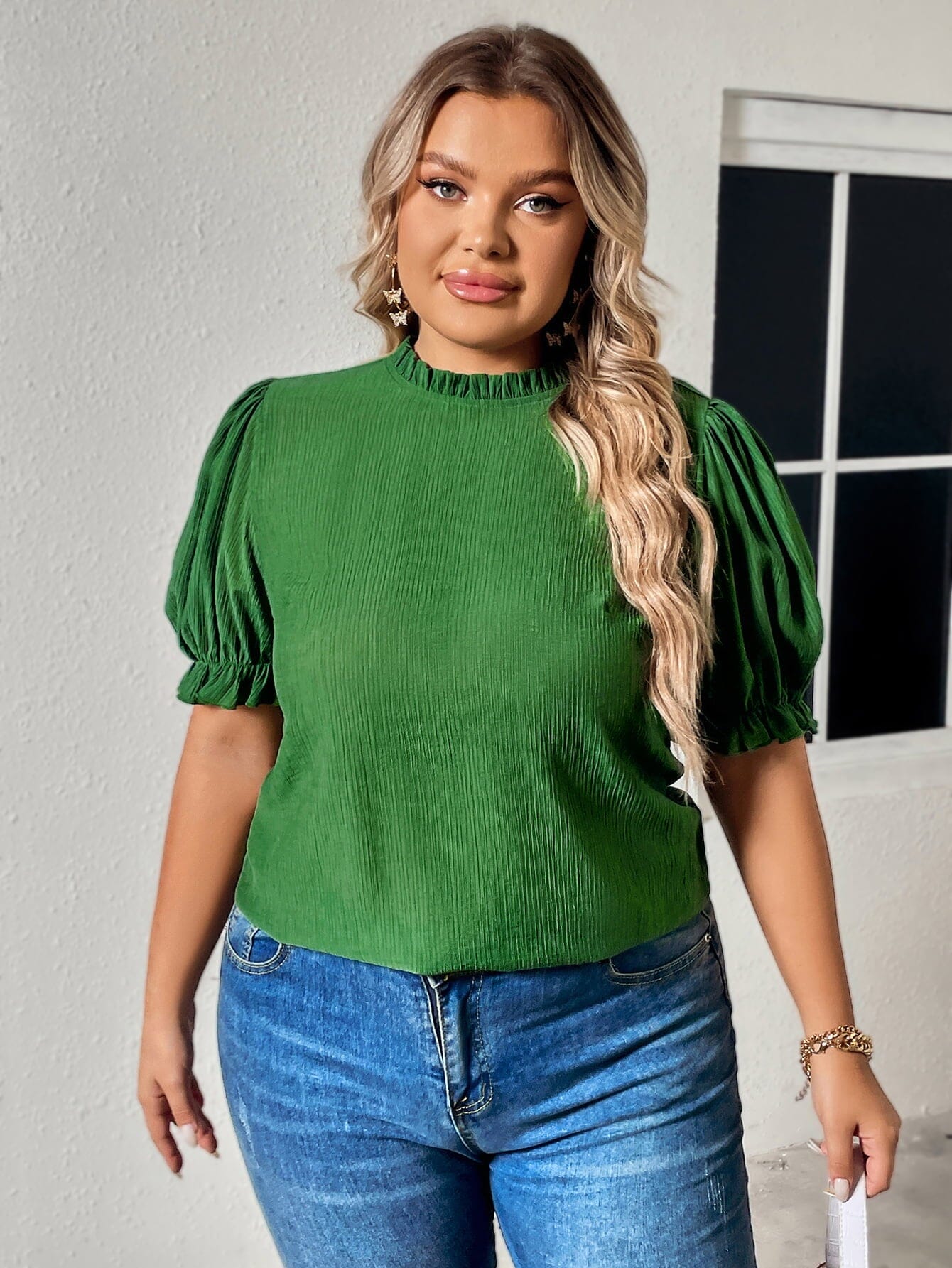 Plus Size Round Neck Flounce Sleeve Blouse - Sydney So Sweet