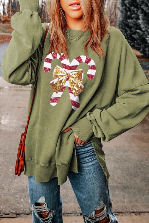 Sequin Candy Cane Round Neck Slit Sweatshirt - Sydney So Sweet