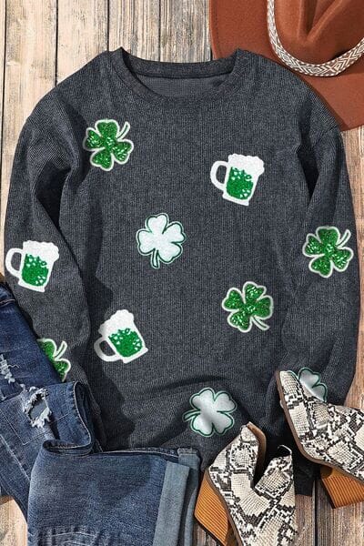 Lucky Clover Beer Sequin Round Neck Sweatshirt - Sydney So Sweet