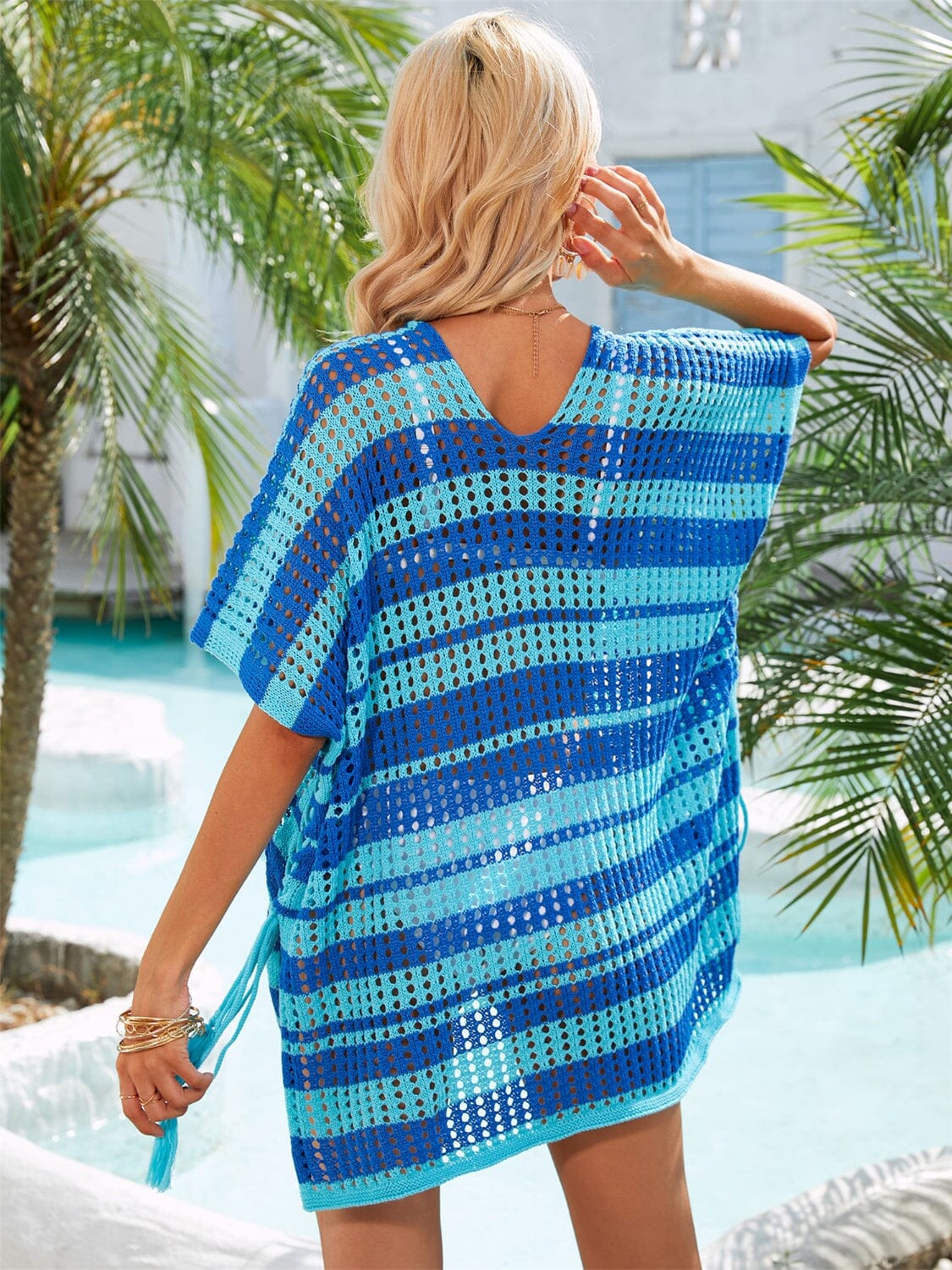 Tassel Openwork Striped V-Neck Cover Up - Sydney So Sweet