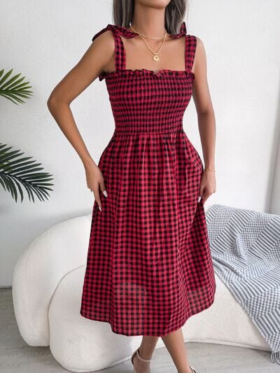 Frill Plaid Square Neck Midi Dress - Sydney So Sweet