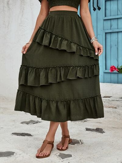 Ruffled Elastic Waist Midi Skirt - Sydney So Sweet