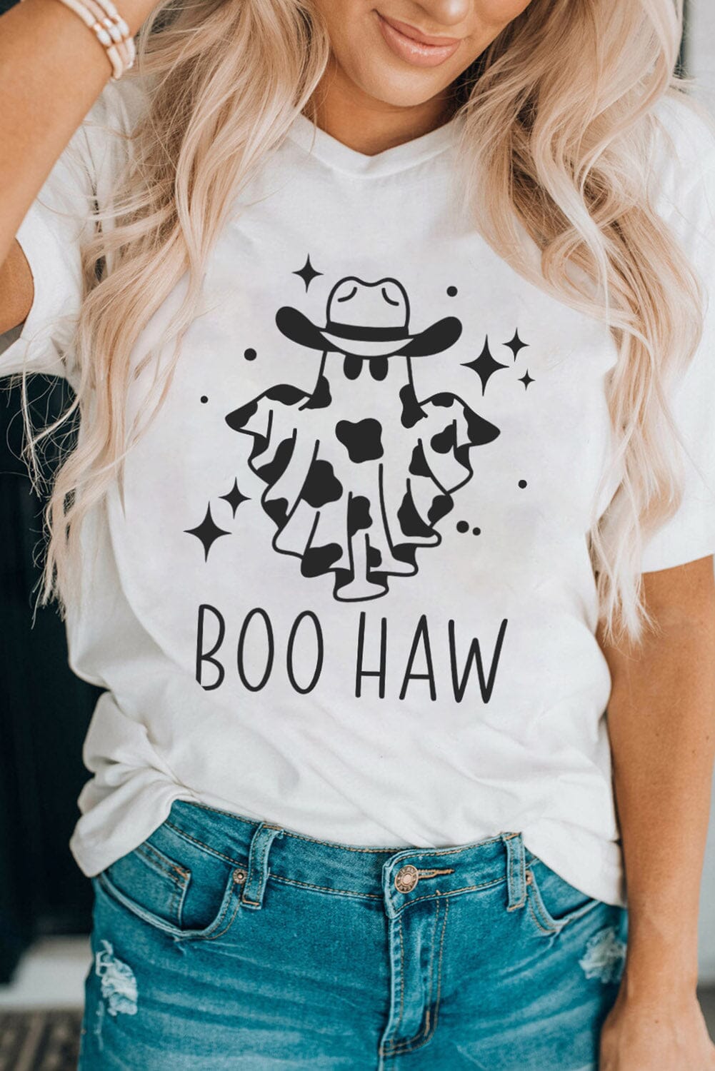 V-Neck Short Sleeve BOO HAW Ghost Graphic T-Shirt - Sydney So Sweet