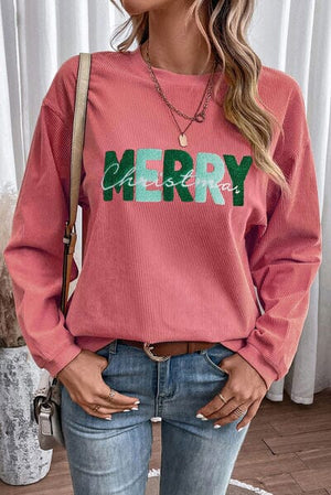 MERRY CHRISTMAS Pink Ribbed Sweatshirt - Sydney So Sweet