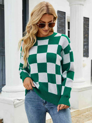 Green Checkered Round Neck Sweater - Sydney So Sweet