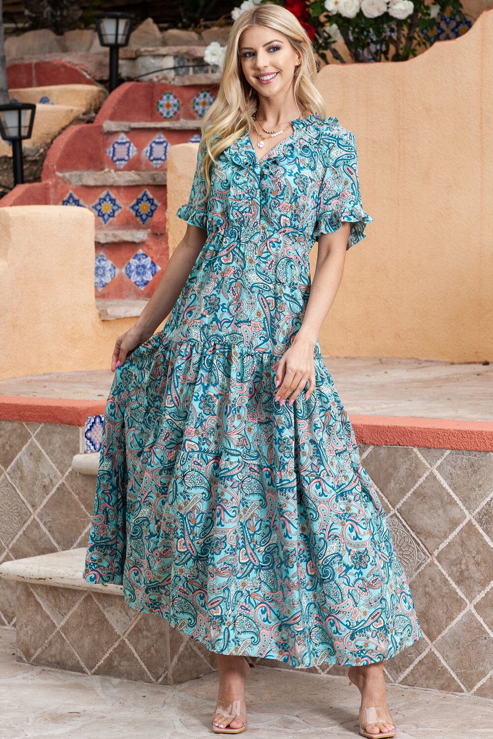 Paisley Print Flounce Sleeve Maxi Dress - Sydney So Sweet