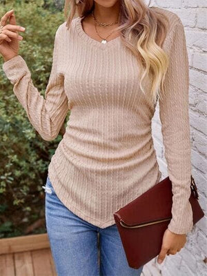 Textured Ruched V-Neck Long Sleeve Top - Sydney So Sweet