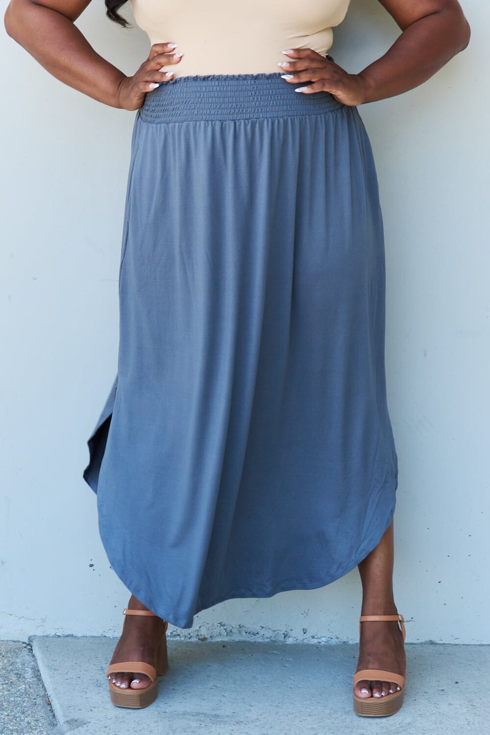 Full Size High Waist Scoop Hem Maxi Skirt in Dusty Blue - Sydney So Sweet